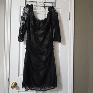 Black Lace Silk & Poly Dress, Sheer 3/4 Sleeves, EUC, Size 16 #98